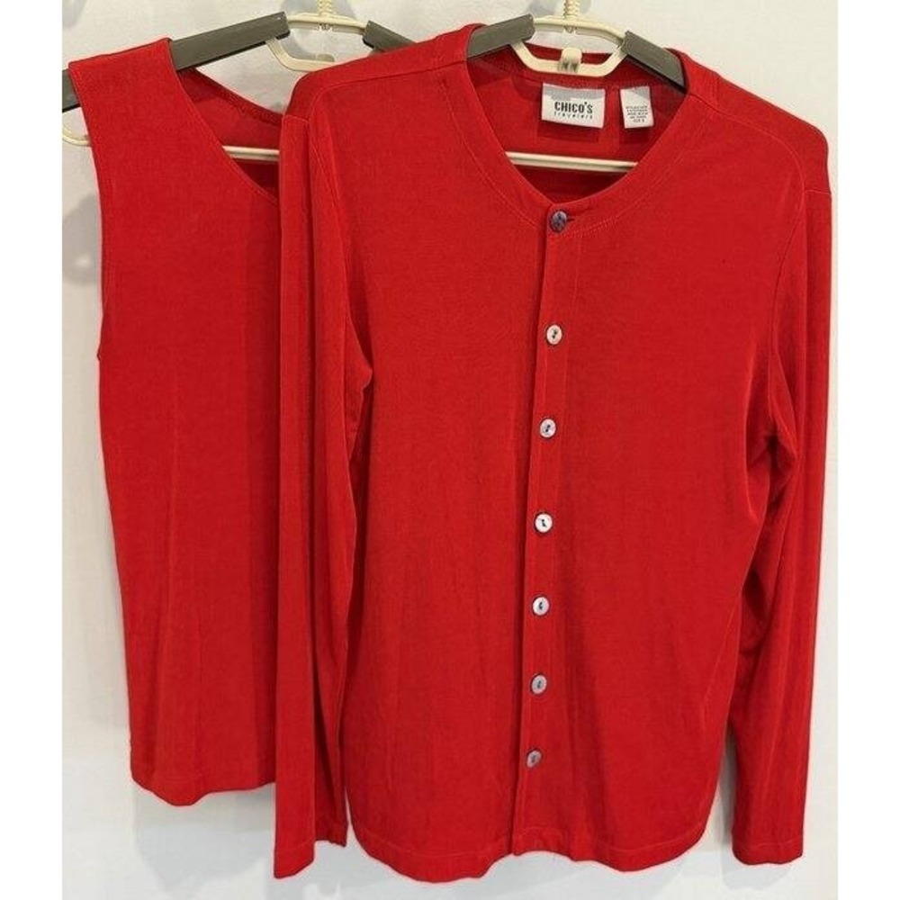 Chicos Travelers Red Tank and Button Front Cardigan‎ Set Size 0 Small
